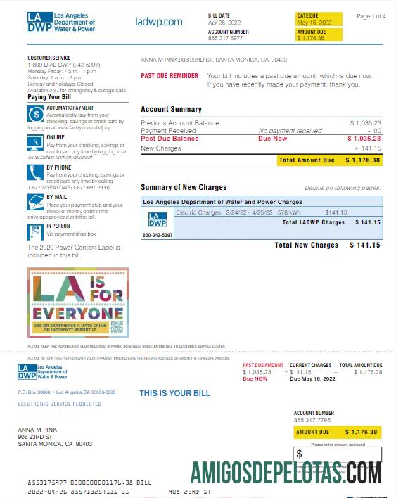 realista Modelo de Word e PDF para fatura de serviços públicos dos EUA LA DWP